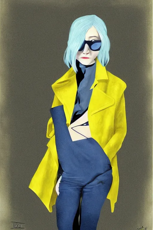 Image similar to Dakota Fanning with short blue hair wearing a yellow trenchcoat by Dave McKean