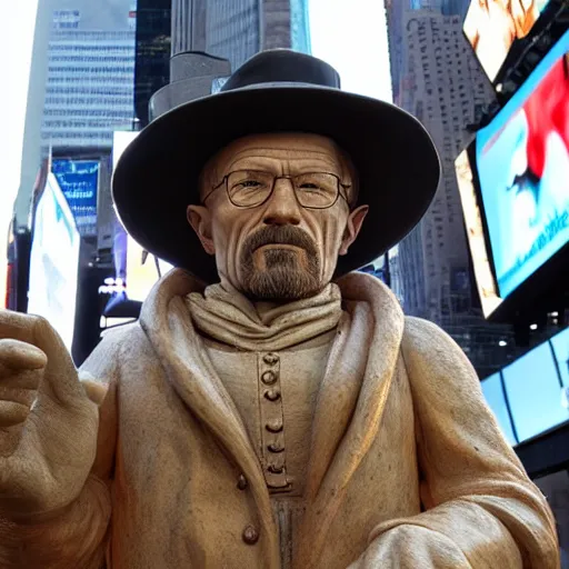 Image similar to a long shot of a very detailed renaissance sculpture of walter white in a hat standing in times square, made by michelangelo, hyper detailed, sharp focus, 8 k resolution
