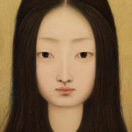 Prompt: a painting of a woman with long hair, a detailed painting by Zhang Xiaogang, featured on cgsociety, figurative art, detailed painting, pre-raphaelite, oil on canvas