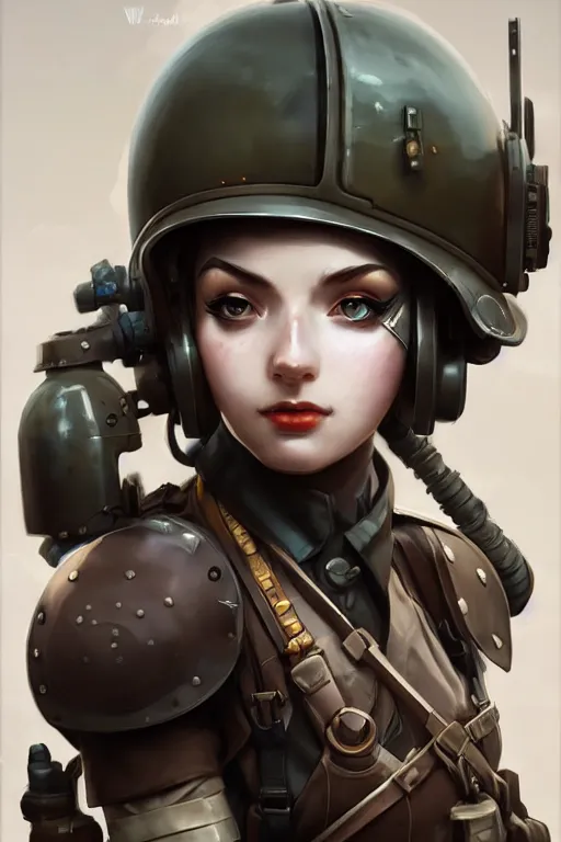 Image similar to dieselpunk soldier girl, helmet, shoulders, chest, portrait, armored, highly detailed, sharp focus, art, illustrations by wlop and ayanamikodon and irakli nadar and loish and rossdraws