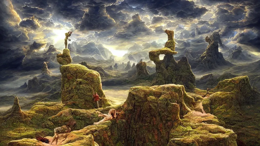 Image similar to fantasy landscape with anthropomorphic!!! terrain!!! in the styles of igor morski, jim warren, and rob gonsalves, intricate, hyperrealistic, volumetric lighting, big sky, distinct horizon