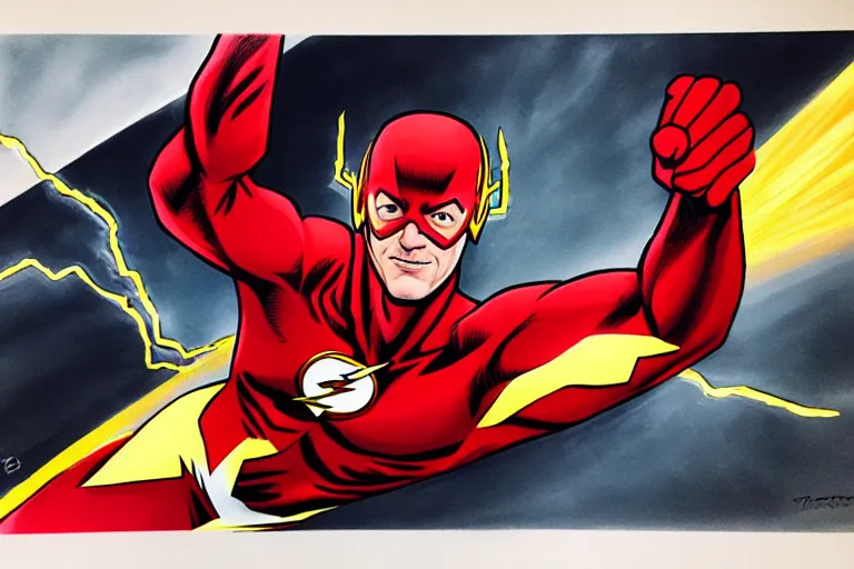 Image similar to the flash, working as a delivery man, art in the style of alex ross