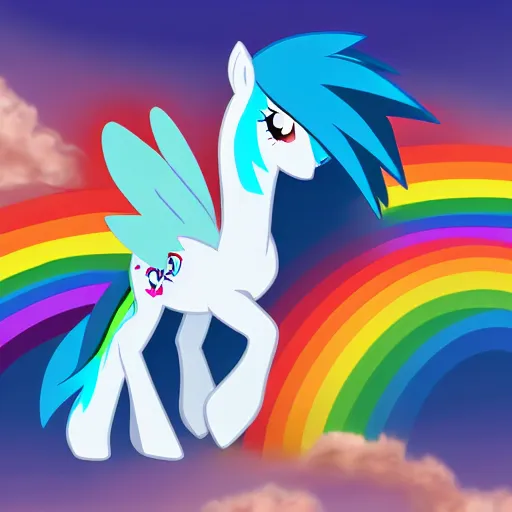 Image similar to 🐎🍑, Facing Away, Pegasus Rainbow Dash, light blue fur, cutie mark, rainbow tail, equine photography