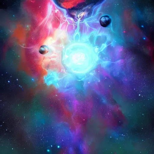Image similar to Azathoth floating in space, digital art, realistic, nebula in background, artstation