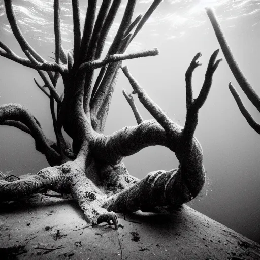 Image similar to roots underwater, award winning black and white photography