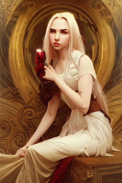 Image similar to Ava Max, elegant, highly detailed, digital painting, artstation, concept art, smooth, sharp focus, illustration, art by artgerm and greg rutkowski and alphonse mucha