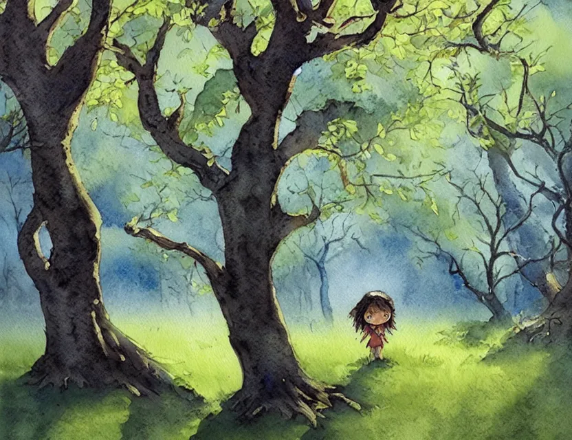 Prompt: lost forest spirit in an orchard. this watercolor painting by the award - winning comic artist has dramatic lighting, an interesting color scheme and great sense of depth.