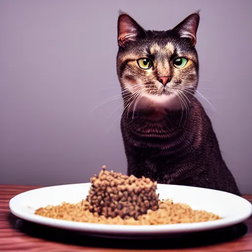 Image similar to A photo of a cat wearing a suit sitting in a fancy and expensive gourmet restaurant and eating a plate of cat food. f/2.8, dim lighting, award winning photo