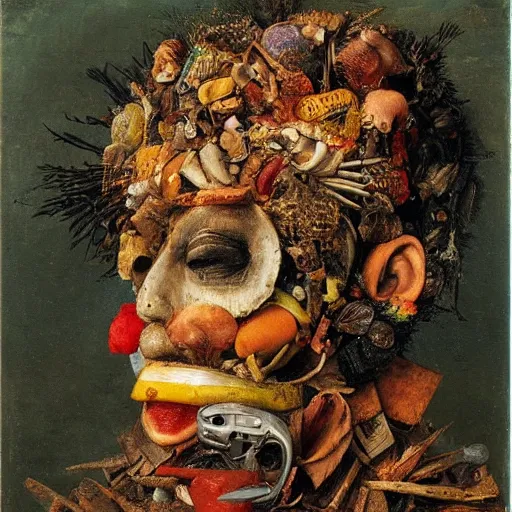 Image similar to a head made out of trash by giuseppe arcimboldo, oil on canvas