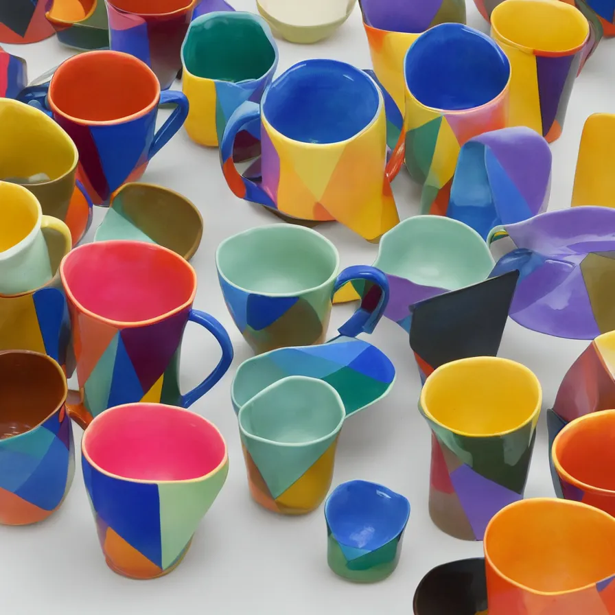 Image similar to beautiful ceramics studio photograph of a tall colorful geometric symmetrical fancy ceramic coffee cup set, glazed by paul klee and victor vasarely, placed on a polished wooden table, hyperrealism 8 k trending on artstation
