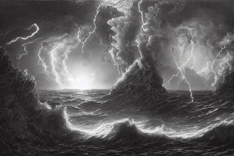 Image similar to highly detailed and cinematic romantic, edge of the universe, big open book, open book page, don quixote left the book, symmetrical face, magical, roman myth, masterpiece, crashing waves, lightning, highly detailed painting by gustave dore