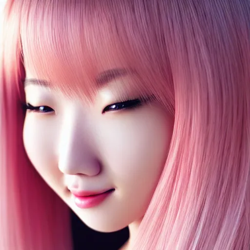 Prompt: beautiful hyperrealism selfie of nikki 苏 暖 暖 from shining nikki, a cute 3 d young woman smiling softly, long light pink hair and full bangs, flushed face, blushing, small heart - shaped face, soft features, amber eyes, chinese heritage, golden hour, 8 k, sharp focus, instagram