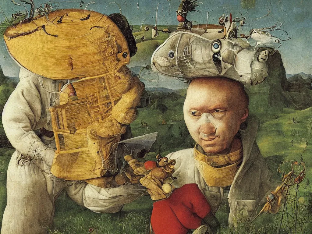 Image similar to close up portrait of man in white beekeeping suit with a surreal impossible creature from codex seraphinianus. painting by bosch, walton ford, agnes pelton