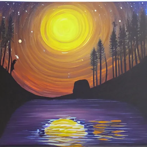 Prompt: wolf okami resting under a sky full of stars, by a deep!! river, calm, acrylic on canvas