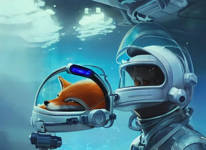 Image similar to An anthropomorphic fox as a retrofuturistic astronaut, helmet with led lights, underwater in the ocean at night, clear water, volumetric lighting, glowing lights, 4k, octane, digital painting, artstation, concept art, cinematic film, sharp focus, illustration, art by artgerm and greg rutkowski and alphonse mucha , wide angle view,