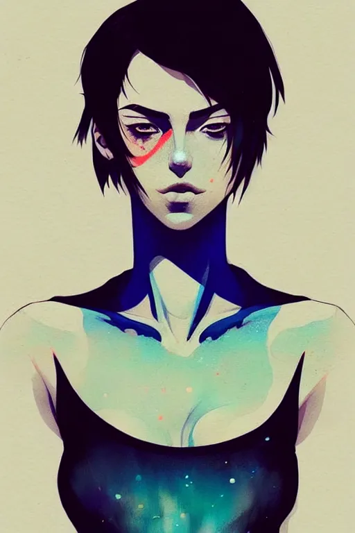 Image similar to a ultradetailed beautiful full body painting of a stylish woman with short hair, she is wearing a black tank top and jeans, by conrad roset, greg rutkowski and makoto shinkai trending on artstation