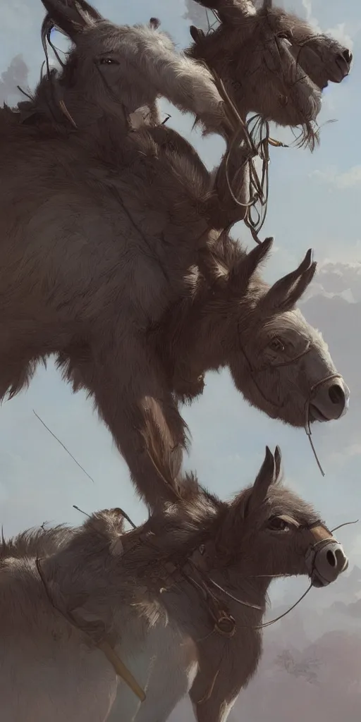 Image similar to a single wild donkey is roaming in a post - apocalyptic united states, highly detailed, digital painting, artstation, concept art, smooth, sharp focus, illustration, art by artgerm and greg rutkowski and alphonse mucha, 8 k