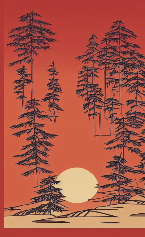 Image similar to hanafuda, an aperture to a lake in a forest of japanese pines, a big red sun in the background, front game card, vector line art, trending on behance, concept art, stunning, matte