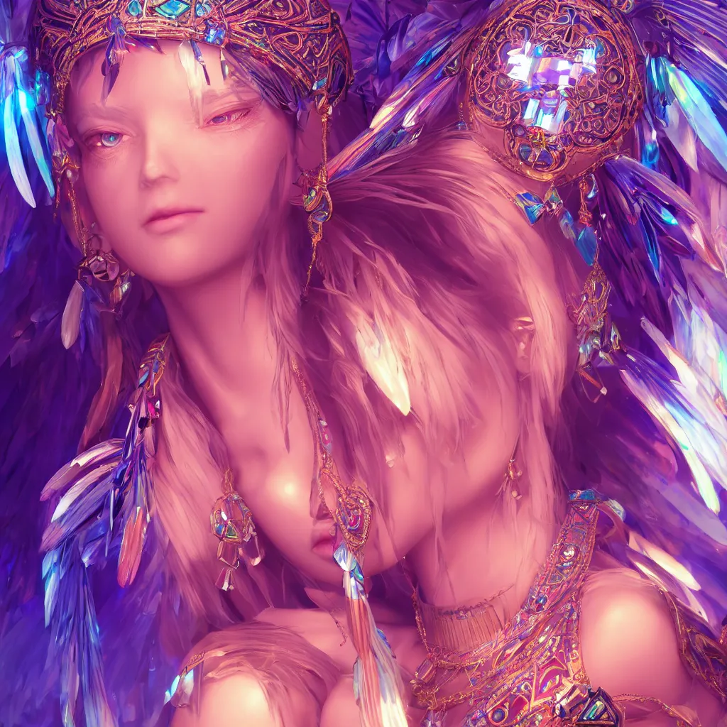 Image similar to portrait highly detailed beautiful symmetrical face high priestess intricate elegant detailed crystal jewellery with tribal feathers, lush colourful volumetric lighting, anime digital painting, concept art, smooth, sharp focus 3 d, divine realm of gods, realistic cinematic style, octane render, photographic, unreal engine 8 k