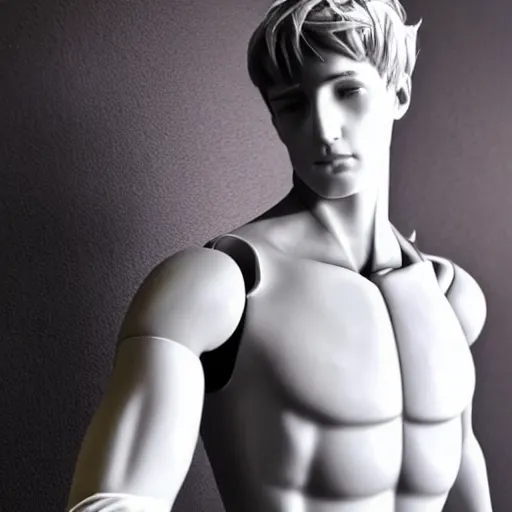 Image similar to “a realistic detailed photo of a guy who is an attractive humanoid who is half robot and half humanoid, who is a male android, twitch streamer Ninja Tyler Blevins, shiny skin, posing like a statue, blank stare”