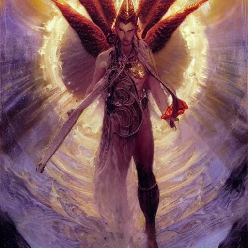 Image similar to attractive male deity casts light spell, summons attractive male lucifer morningstar. highly detailed painting by gaston bussiere, craig mullins, j. c. leyendecker 8 k