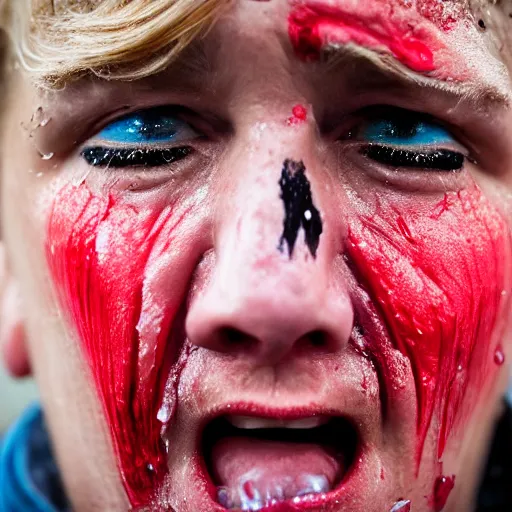 Prompt: close - up photo of a trump supporter crying, soaked in tears, mascara running down, bloodshot eyes, street photography, canon 2 0 0 mm lens f 2. 8