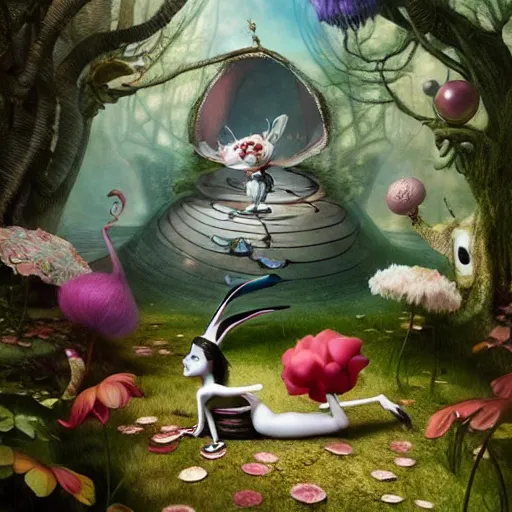 Image similar to alice in wonderland, by ray caesar and vincent callebaut and craola, trending on artstation hq, deviantart, pinterest, 4 k uhd image