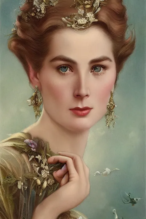 Prompt: A young and extremely beautiful Grace Kelly explaining the birds and the bees by Tom Bagshaw in the style of a modern Gaston Bussière, art nouveau, art deco, surrealism. Extremely lush detail. Melancholic night scene. Perfect composition and lighting. Profoundly surreal. High-contrast lush surrealistic photorealism. Sultry and mischievous expression on her face.