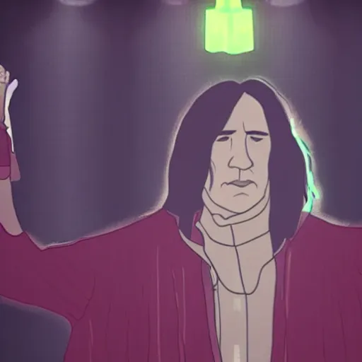 Image similar to Severus Snape dances in a bar, neon, realistic, full body, very detailed, super realistic