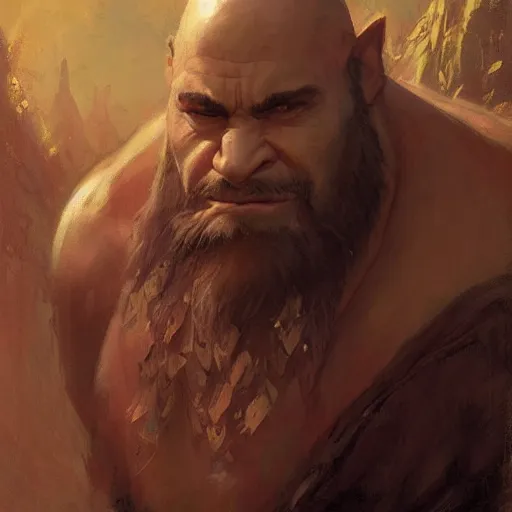 Image similar to well - groomed orc bard, goatee, bald, thoughtful expression, fantasy character portrait by greg rutkowski, gaston bussiere, craig mullins