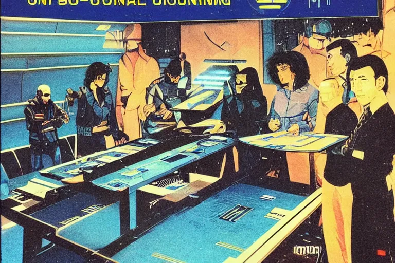 Prompt: 1979 OMNI Magazine Cover of an underground meeting around a table. On the table are blueprints of a robot. Location in neo-Tokyo in cyberpunk style by Vincent Di Fate