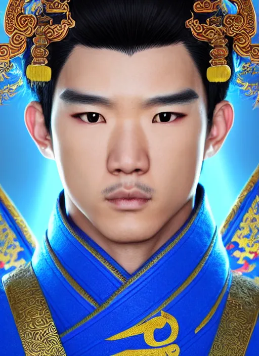 Image similar to male martial artist!! manchu chinese hairstyle!!!! asian facial features and blue eyes!! intricate ornate blue robes!! character concept art, sharp focus, octane render! unreal engine 5! highly rendered!! trending on artstation!! detailed linework!! illustration by artgerm, wlop, and chie yoshii