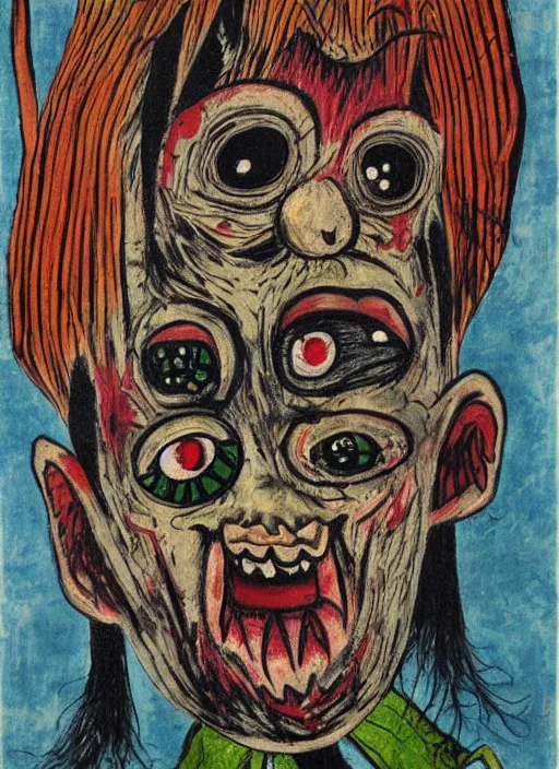 Prompt: a crazy horror portrait of art brut monster, which has weird stretched out eyes and a misshapen mouth, chaotic fulcolor background, art brut by a psycho man, color crazy outsider art bad painting
