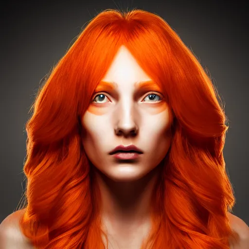 Prompt: a symmetrical portrait of a beautiful orange - haired woman, head and shoulders, god rays, symbolist, dramatic, ultra detailed, holographic design, 4 k, 8 k, hdr, award winning