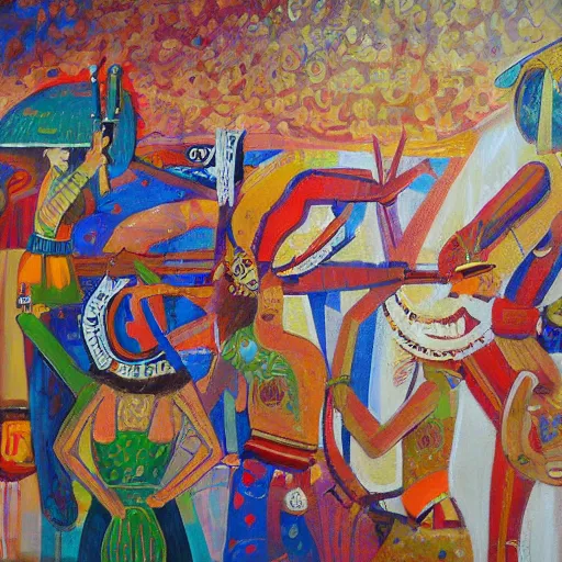 Prompt: cultural heritage interpreted in a contemporary way, high quality, painting acrylic
