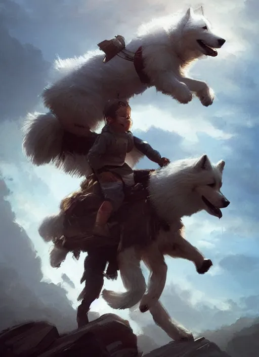 Image similar to comic book cover. giant samoyed dog being ridden by a small young girl. heroic lighting by greg rutkowski, trending on artstation