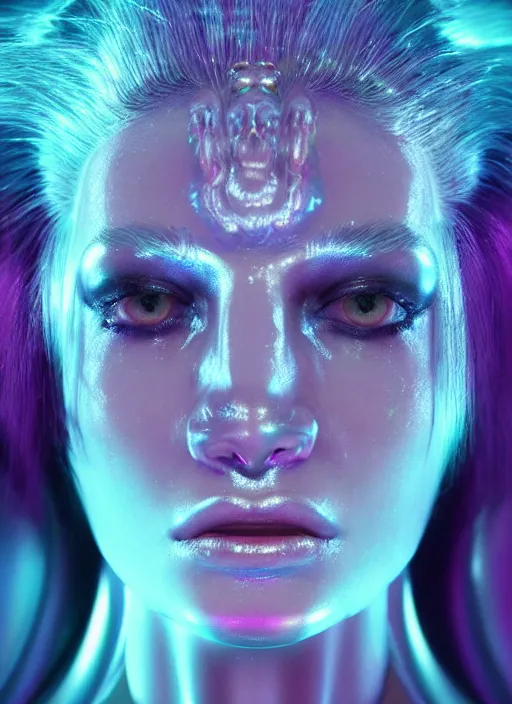 Image similar to beauteous sumptuous face by h. r. giger, cinematic forest lighting, with incredible iridescent pearlescent voluminous fluorescent neon laser beam hair, delicate crystalline masterpiece tattoos, hyperdetailed face, elegant pose, movie still, intricate, octane render, unreal engine, crepuscular rays, god rays