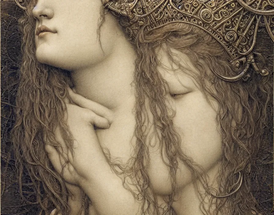 Image similar to detailed realistic beautiful young medieval queen face portrait by jean delville, gustave dore and marco mazzoni, art nouveau, symbolist, visionary, gothic, pre - raphaelite. horizontal symmetry