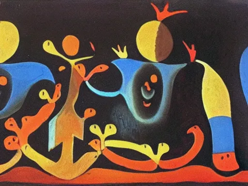 Prompt: oil painting of strange beings in a temple, Joan Miro