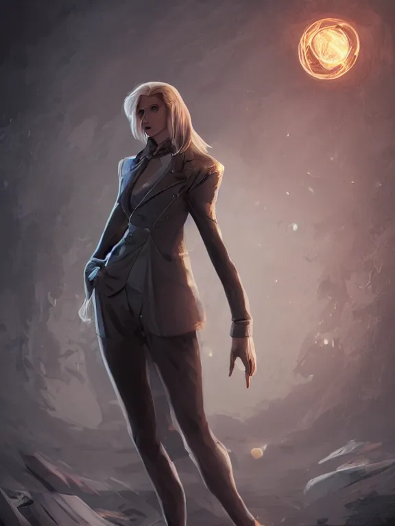 Image similar to illustration of annie leonhart inside arcane universe wearing an elegant tailcoat, au naturel, hyper detailed, digital art, trending in artstation, arcane league of legends, cinematic lighting, studio quality, smooth render, unreal engine 5 rendered, octane rendered, concept art, smooth, sharp focus, illustration, art by lise deharme and james c. christensen