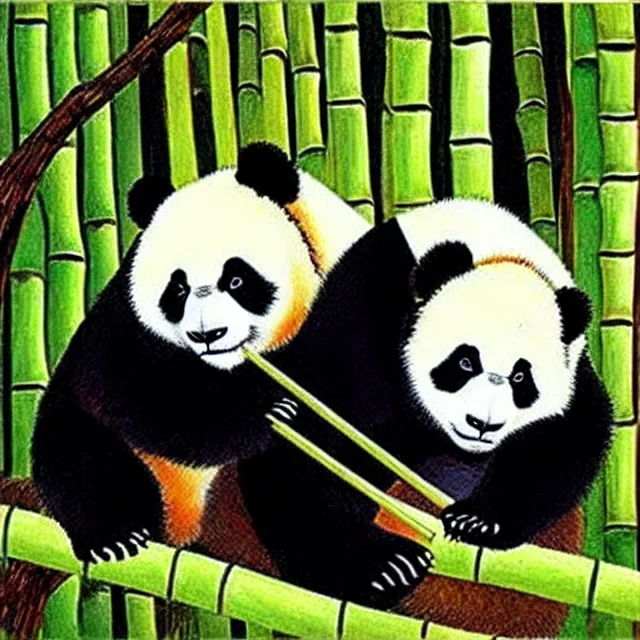 Prompt: a beautiful painting two pandas in the bamboo forest, by zhang daqian painting