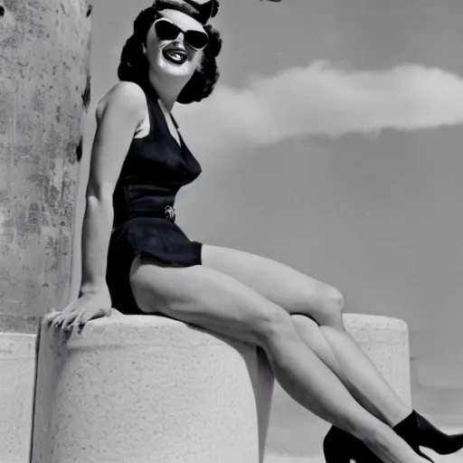 Prompt: 1950's pin-up girl, wearing a tight blue dress and aviators, with legs crossed, sitting on a gasoline tank, winking, making a peace sign, stylized