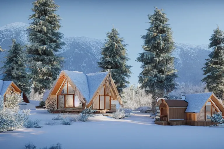 Image similar to futuristic cottage settlement with in the forest with Elbrus mountain covered by snow on the background, architecture, 3d render 8k , high details