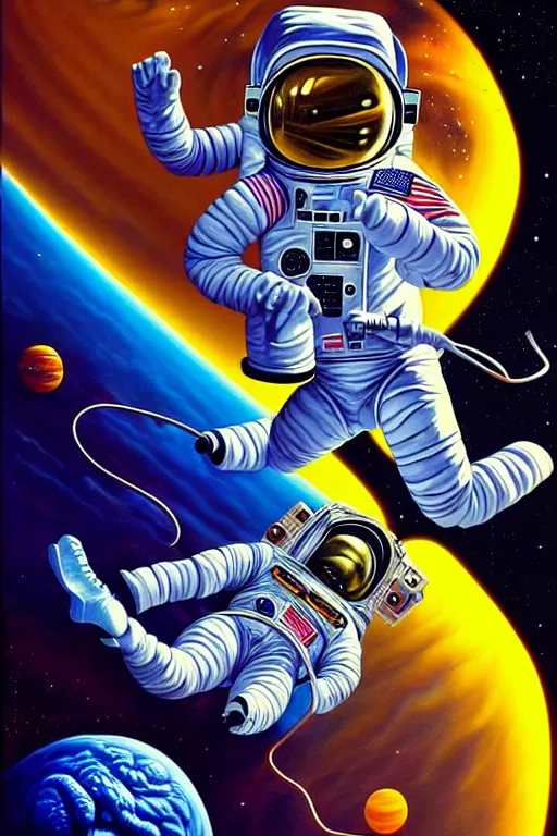 Prompt: a hyperrealistic painting of an astronaut being pulled into the vacuum of space. cinematic horror by jimmy alonzo, the art of skinner, chris cunningham, lisa frank, richard corben, highly detailed, vivid color,