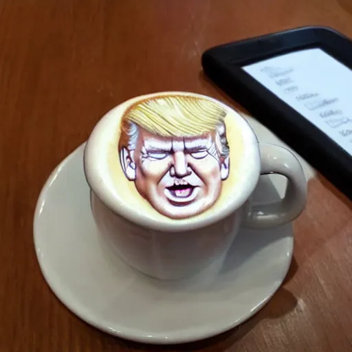 Prompt: donald trump as foam latte art, in coffee cup photorealistic