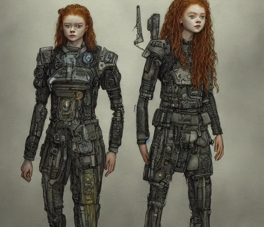 Prompt: sadie sink dressed in oversized school uniform : costume concept for a scifi cyberpunk film. by greg staples and elsa beskow. sharp focus, cinematic atmosphere, detailed and intricate, perfect anatomy