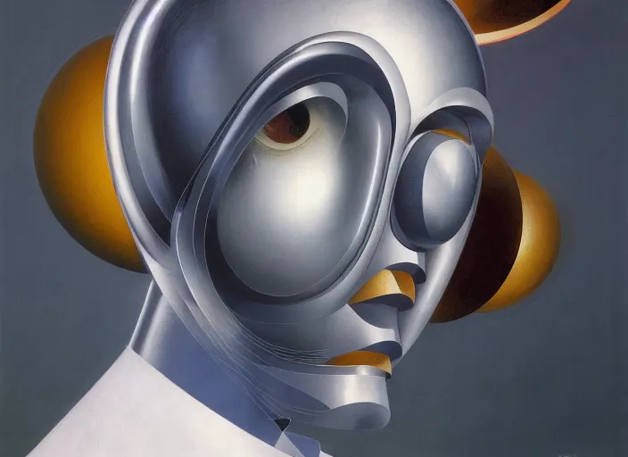 Image similar to a portrait headshot of sci fi metallic human, bright eyes, melancholic complex geometric figure liminal machinery by oskar schlemmer, moebius, john berkey, film grain, oil on canvas, portrait facial head, featured on artstation, hd wallpaper, 8 k, bright colors, global lighting