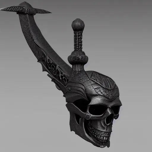 Image similar to a black sword skull handle, ornament, weapon, a 3 d render by dom qwek, studio lighting, front side view, trending on polycount, hard surface modeling, rendered in maya, 3 ds max, blender, artstation hd, vray