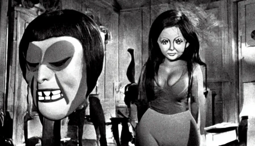 Prompt: a 1 9 7 0's cult exploitation horror movie where a evil kid wears a kim kardashian halloween mask