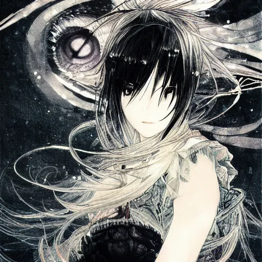 Image similar to yoshitaka amano blurred and dreamy illustration of an anime girl with pirate eye patch, wavy white hair and cracks on her face wearing elden ring armour with the cape fluttering in the wind, abstract black and white patterns on the background, noisy film grain effect, highly detailed, renaissance oil painting, weird portrait angle